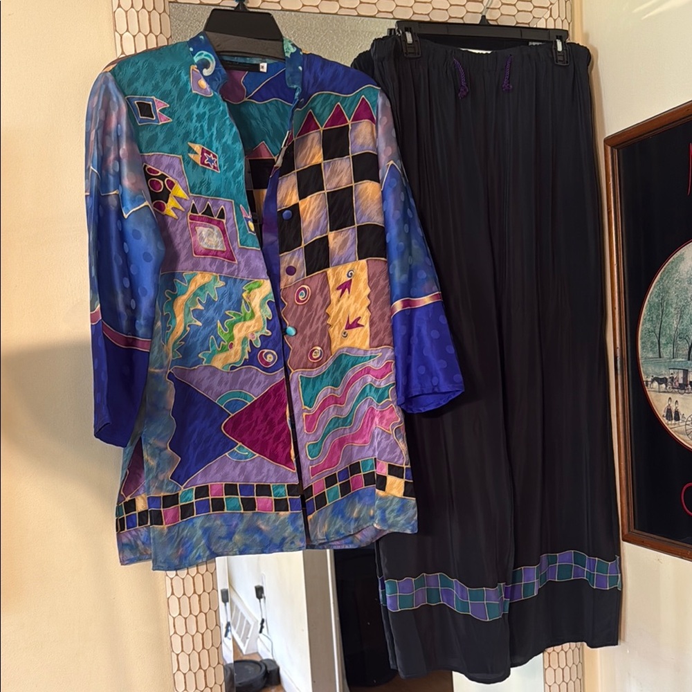 Heather Bell Designs Colorful Abstract Blouse and pants Set hand painted silk